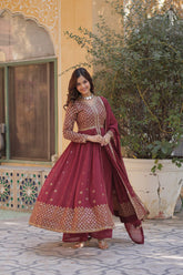 Premium Faux Georgette With Embroidered Work Maroon Color Kurti With Pant & Dupatta Set